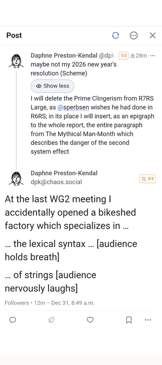 Screenshot showing a short Mastodon thread. At the bottom there is a line of text reading:

Followers · 12m · Dec 31, 8:49 a.m.