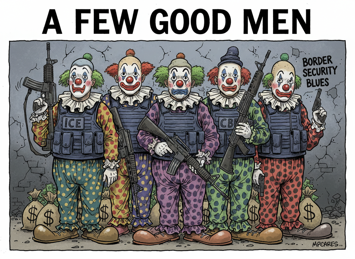 Please draw, the the style of an editorial cartoon, a group of men standing, posing in a group, holding automatic weapons and wearing bulletproof vests labelled "ICE" and "CBP".  However, instead of military garb they are dressed in clown costumes wearing different clown makeup face styles.  They should look dumpy, dishevelled, and sad. Place a few cartoon bags of money at their feet. Title the comic "A few good men".