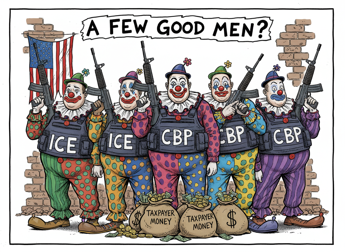 Please draw, the the style of an editorial cartoon, a group of men standing, posing in a group, holding automatic weapons and wearing bulletproof vests labelled "ICE" and "CBP".  However, instead of military garb they are dressed in clown costumes wearing different clown makeup face styles.  Place a few cartoon bags of money at their feet. Title the comic "A few good men".