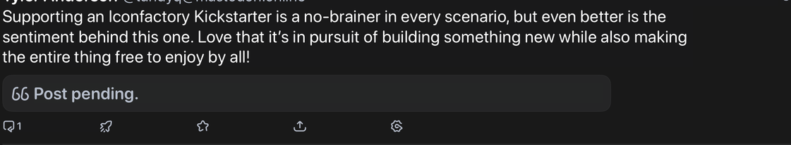 A toot, viewed in Ivory, showing “Post Pending”