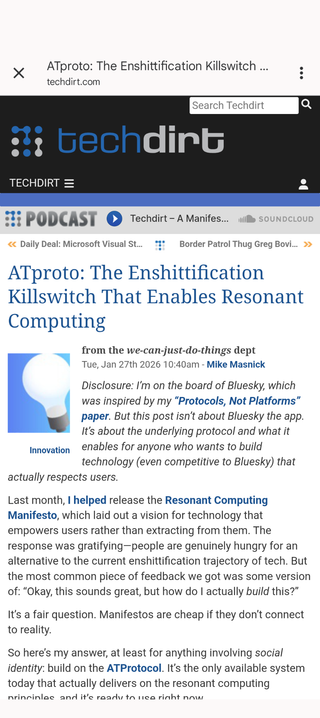 Screenshot of a TechDirt article with an article about ATproto and enshittification.