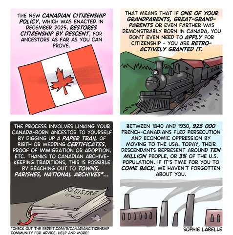 Comic about a new Canadian Citizen ship policy, claims that if you have any verifiable ancestor who was verifiably Canadian, you are already a citizen.