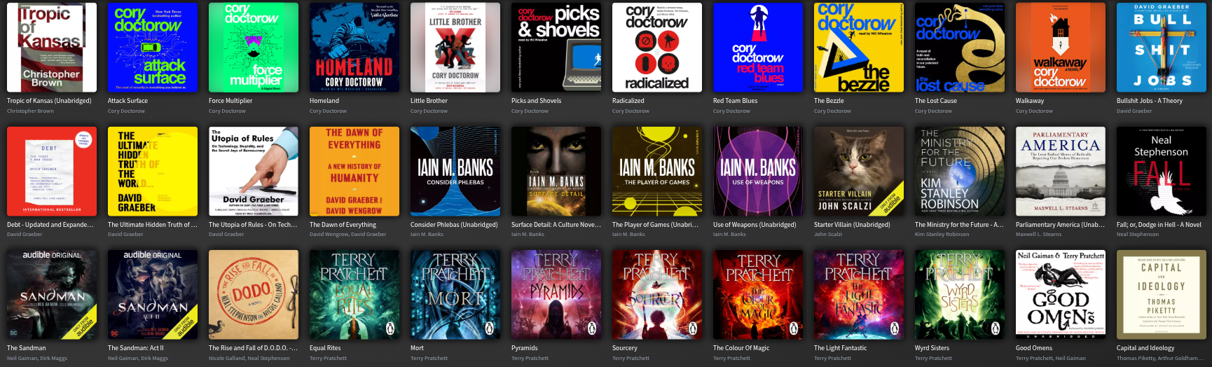 A screenshot of an audiobook library stored in the audiobookshelf.org audiobook library software.

There are 36 titles, represented as "book cover" images, from authors such as Cory Doctorow, Terry Pratchett, and David Graeber among others.