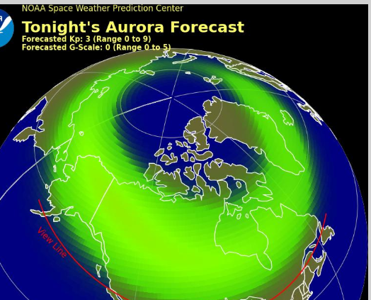 Screenshot from https://www.swpc.noaa.gov/products/aurora-viewline-tonight-and-tomorrow-night-experimental showing the aurora forecast for North America for 2026-03-06 showing an assymetrical green donut covering a large percentage of Canada, including all four western provinces entirely, but missing most of the population of the remaining 6 provinces in the east.