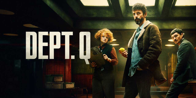 In a grimy basement, a young-ish woman with curly red hair, a bearded man with dark hair and a dark stare, and an Arabic man in a suit, all looking at the camera. Overlaid text: "Dept. Q"