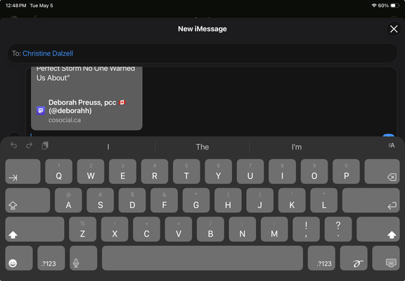 Screenshot of the share screen on iPadOS with the keyboard overlaying where you need to type