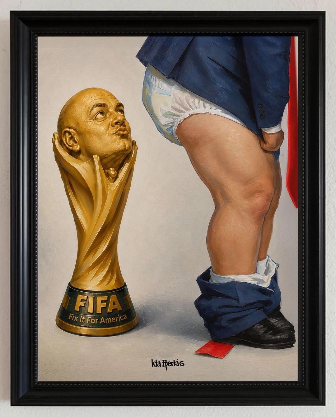 An artistic depiction featuring a gold trophy resembling the FIFA World Cup, with Infantino’s face looking up. Next to it, Trump in a suit with his pants down, revealing white underwear. The artwork has the text "FIFA - Fix It For America