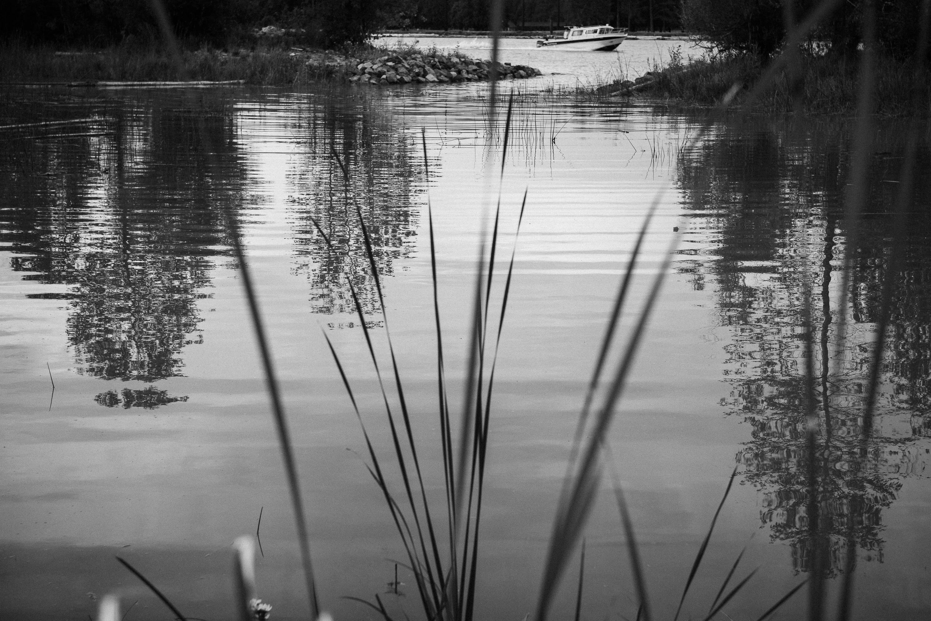 A calm river scene viewed through foreground reeds. Trees and their reflections shimmer across the still water. A small white motorboat is moored on the far bank beside a rocky breakwater.