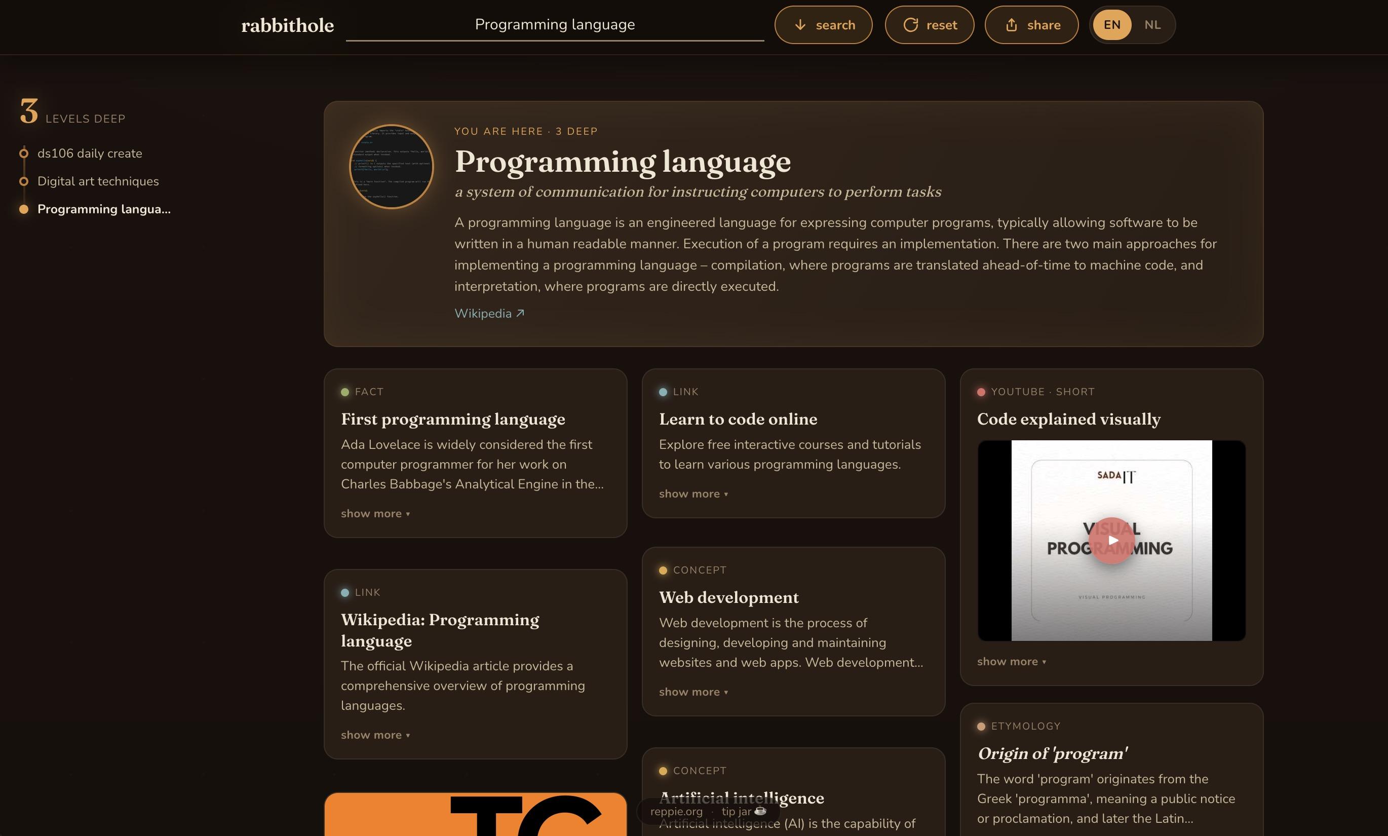 rabbit-hole site for the word Programming Language displaying multiple cards of further exploration. On left is a trail showing a path from DS106 Daily Create to Digital Art Techniques to Programming Language.