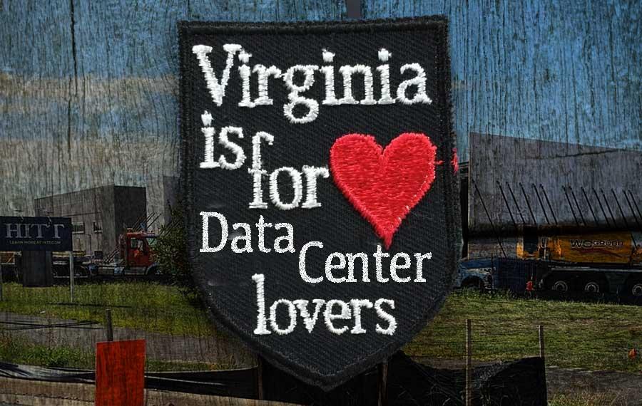 Vintage style patch with sewn text Virginia is for Data Center Lovers next to a red heart artop a grainy image of data center.