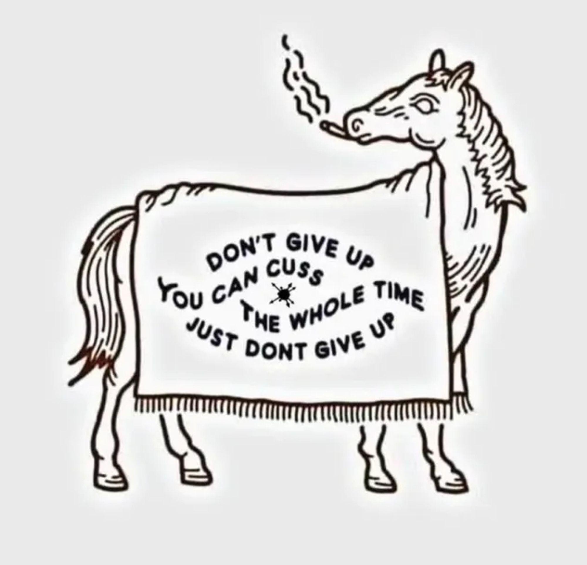 An outline drawing of a horse smoking a cigarette and wearing a blanket that says "Don't give up. You can cuss the whole time just don't give up."